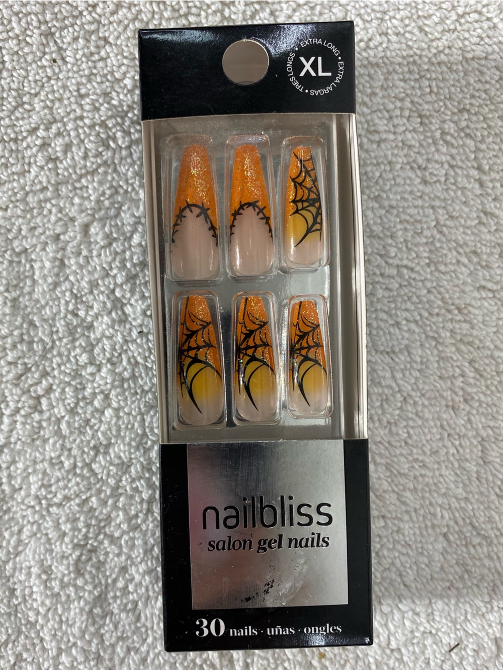 Nailbliss Salon Gel Nails Halloween Edition Extra Long Orange Black Spiderwebs